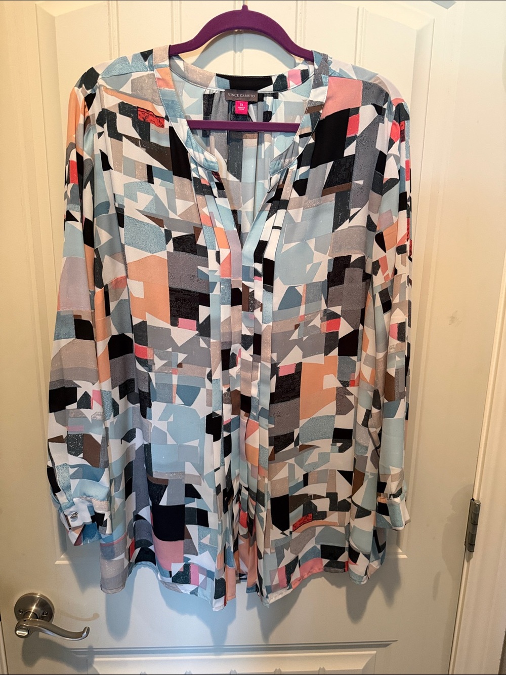 Vince Camuto Abstract Geo V-Neck Tunic - Light Blue, Peach & Black